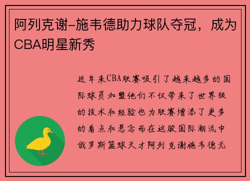 阿列克谢-施韦德助力球队夺冠，成为CBA明星新秀